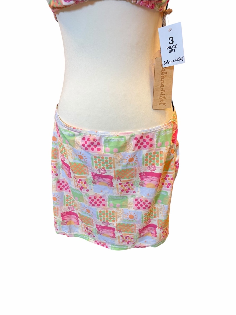 Cabana Del Sol Pastel Patchwork Pink Green Peach Triangle Bikini Set Skirt XL - Picture 3 of 7